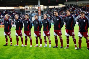 Latvijas valstsvienības futbolisti Rīgā tiekas ar Dānijas izlasi
