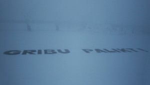 Fizmati uz Daugavas ledus uzber uzrakstu "Gribu palikt!"